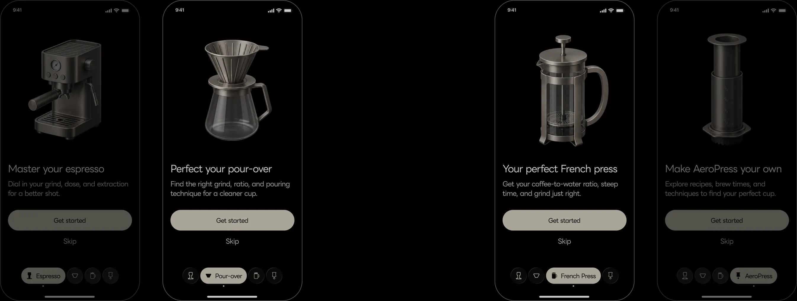 Intro screens for espresso, pour-over, French press and AeroPress.