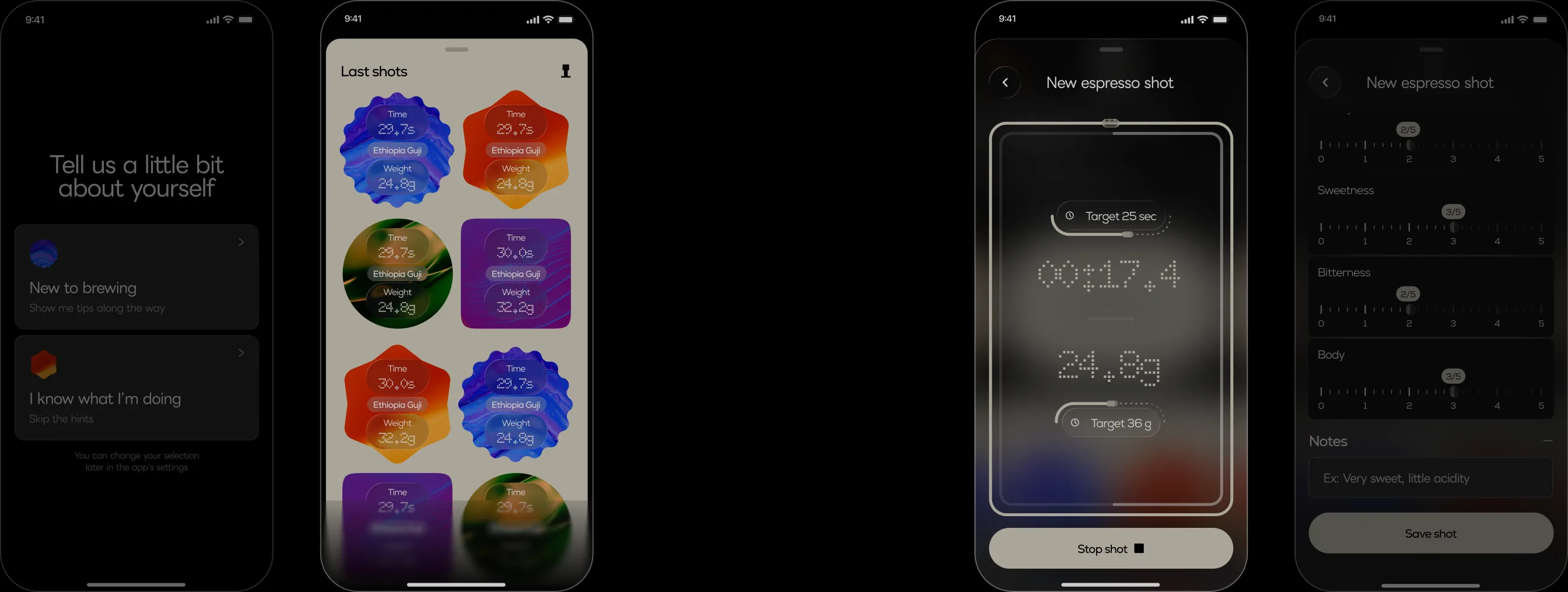 Onboarding level choice, the home screen and the shot timer.